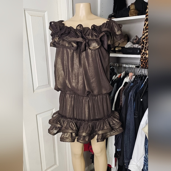 Metallic Bronze Ruffle Mini Dress - Picture 2 of 4